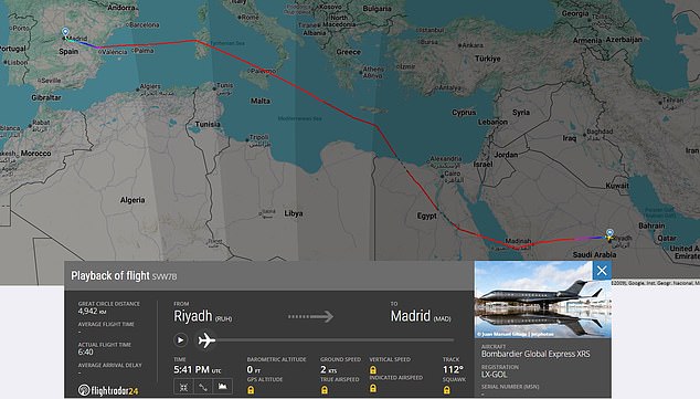 Cristiano Ronaldo?s 61m private jet leaves the Middle East for Madrid after drone attack on Riyadh